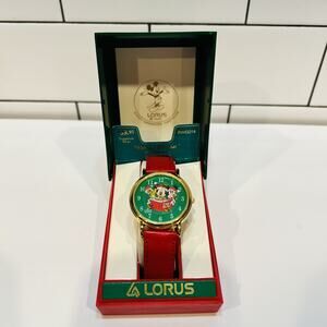Vintage Lorus Quartz Mickey Mouse Watch Red Leather Band Jingle Bells